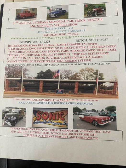 11th Annual Veterans Memorial Car, Truck, Tractor and Specialty Vehicle Show event at Poyen School Gym in Poyen, AR on June 13, 2026