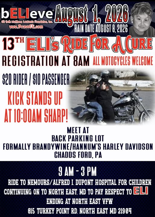 13th Eli�s Ride for a Cure event at Back Parking Lot in North East, MD on August 1, 2026