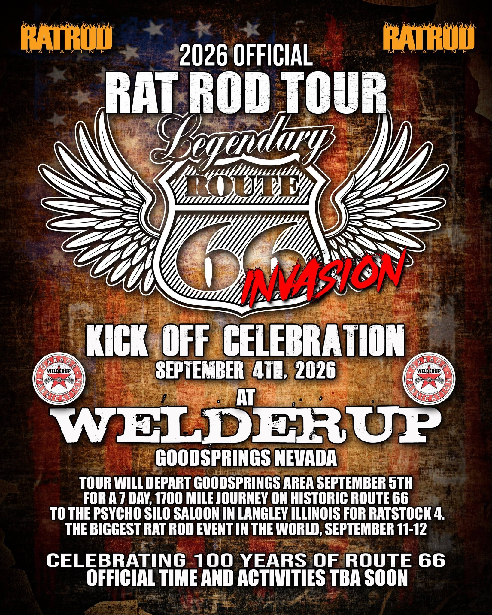 2026 Official Rat Rod Tour Legendary Route 66 Invasion event at Welder Up in Goodsprings, NV on September 4, 2026
