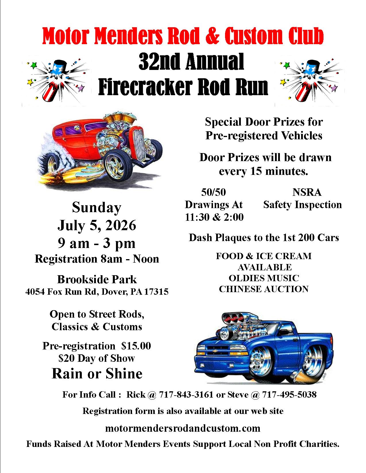 32nd Annual Firecracker Rod Run event at Brookside Park in Dover, PA on July 5, 2026