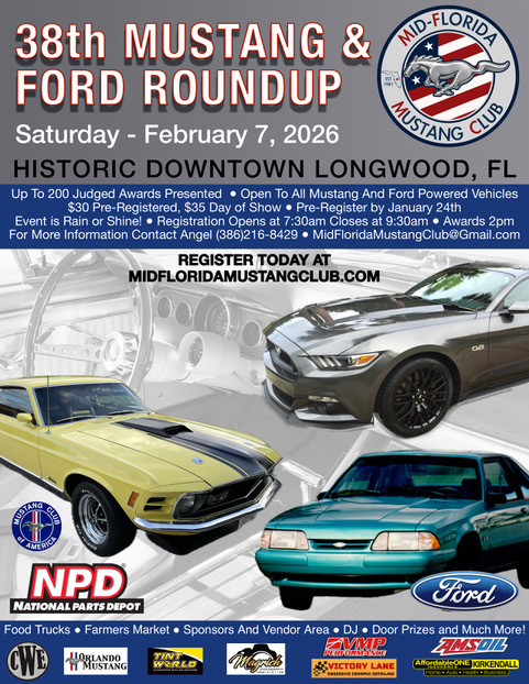 38th Mustang & Ford Roundup event at Historic Downtown in Longwood, FL on February 7, 2026