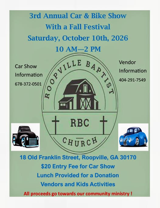 3rd Annual Car & Bike Show With a Fall Festival event at Roopville Baptist Church in Roopville, GA on October 10, 2026