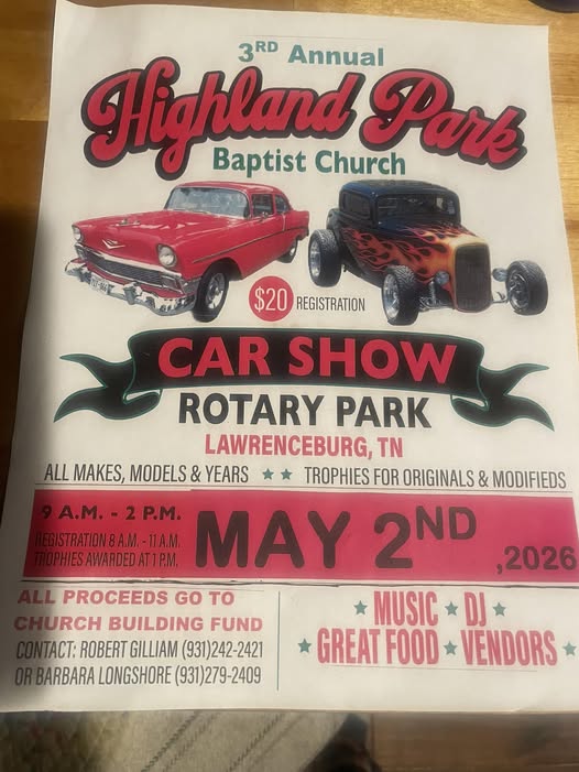 3rd Annual Highland Park Car Show event at Rotary Park in Lawrenceburg, TN on May 2, 2026