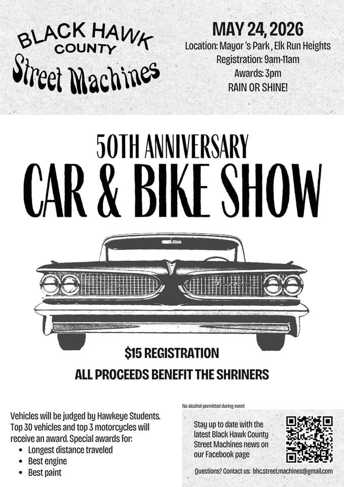 50th Anniversary Car Show event at 329 Mccoy Rd in Evansdale, IA on May 24, 2026