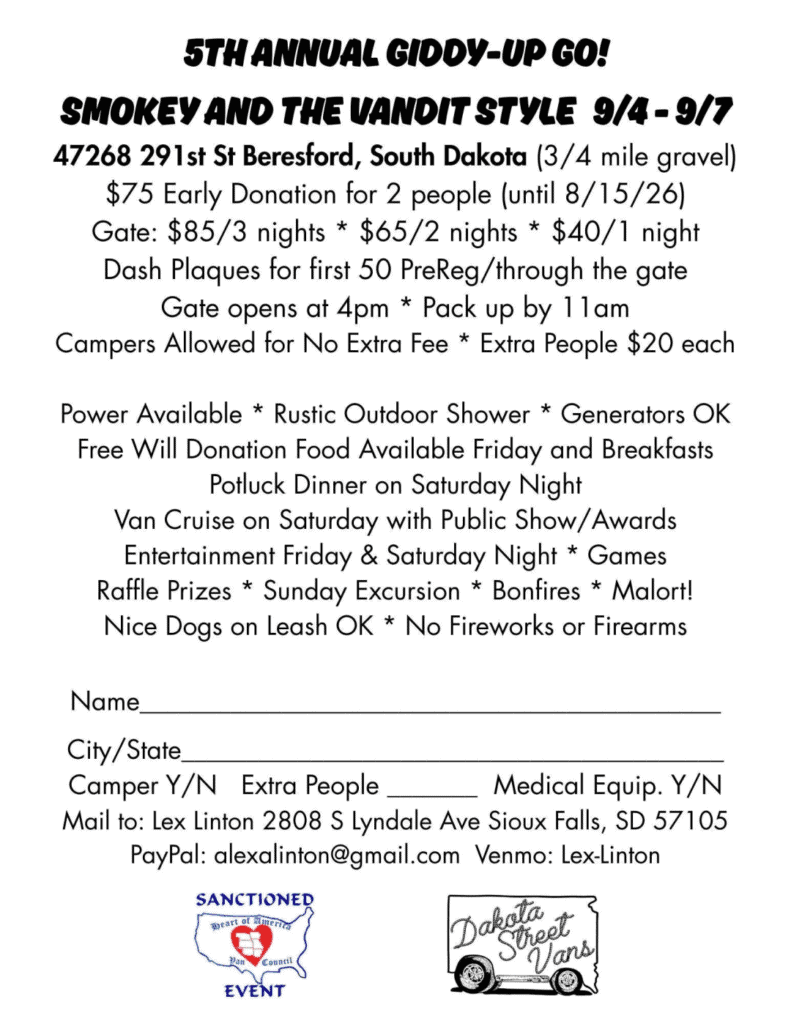 5th Annual Giddy-Up Go! Smokey and the Vandit Style event at 47268 291st St in Beresford, SD on September 4, 2026