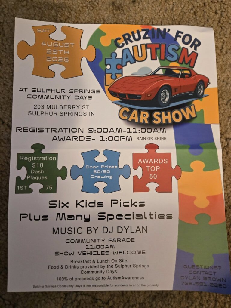 Cruzin' for Autism Car Show event at Sulphur Springs Community Days in Sulphur Springs, IN on August 29, 2026
