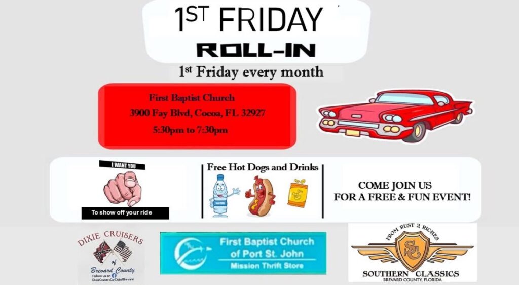 1st Friday Roll-In event at First Baptist Church in Cocoa, FL on February 6, 2026
