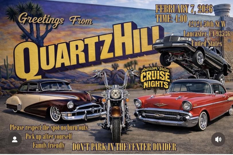 Antelope Valley Cruise Nights event at 42124 50th St W in Lancaster, CA on February 7, 2026