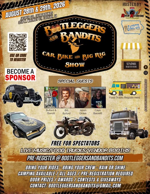 Bootleggers and Bandits Car Bike and Big Rig Show event at Jasper Co. Fairgrounds in Colfax, IA on August 28, 2026