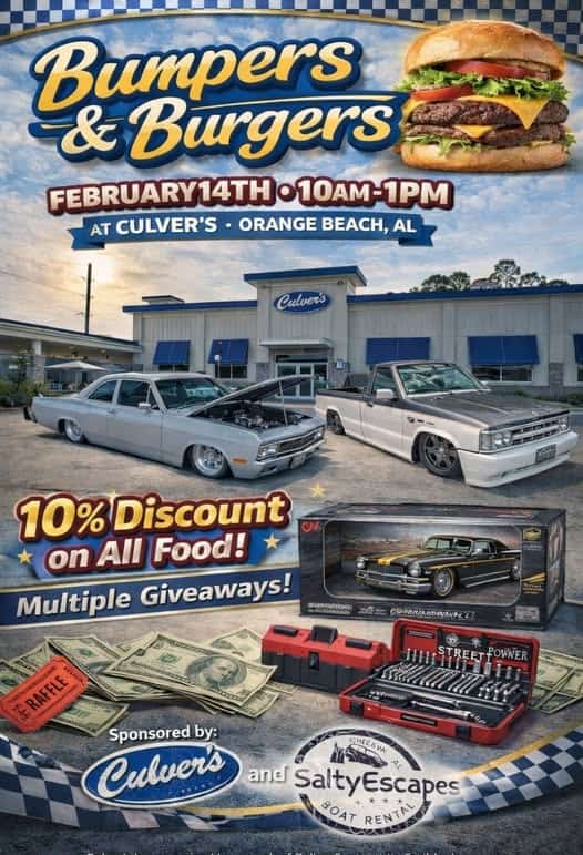 Bumpers & Burgers event at Culver's in Orange Beach, AL on February 14, 2026