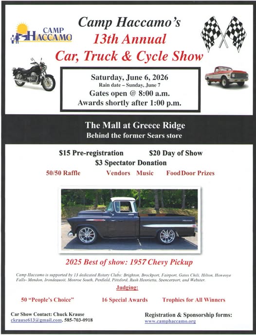 Camp Haccamo's 13th Annual Car, Truck & Cycle Show event at The Mall at Greece Ridge in Greece, NY on June 6, 2026