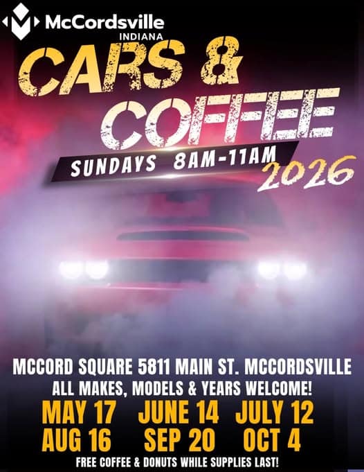 Cars & Coffee event at McCord Square in McCordsville, IN on May 17, 2026