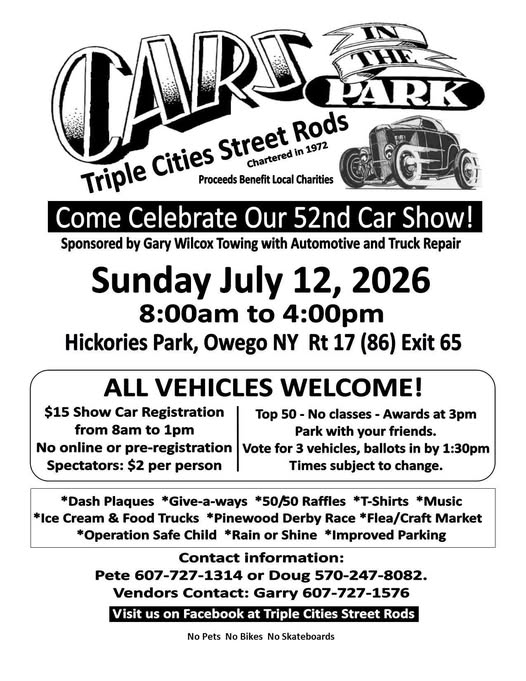 Cars in the Park event at Hickories Park in Owego, NY on July 12, 2026