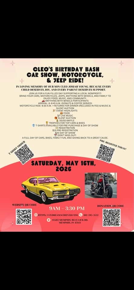 Cleo's birthday bash car show! event at 13503 Memphis Blue Lick in Memphis, IN on May 16, 2026