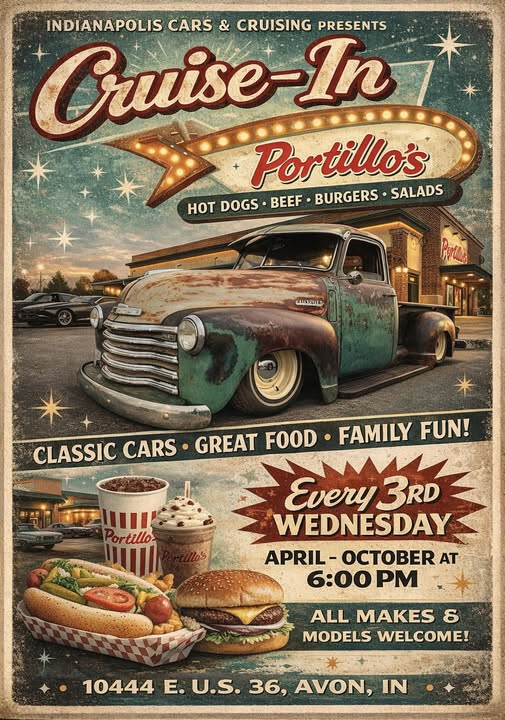 Cruise-in event at Portillo's in Avon, IN on April 21, 2026