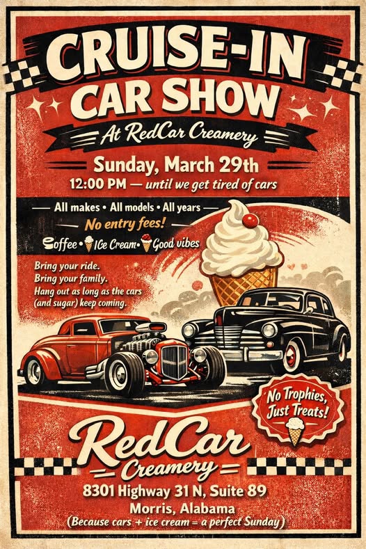 Cruise-in Car Show event at Redcar Creamery in Morris, AL on March 29, 2026