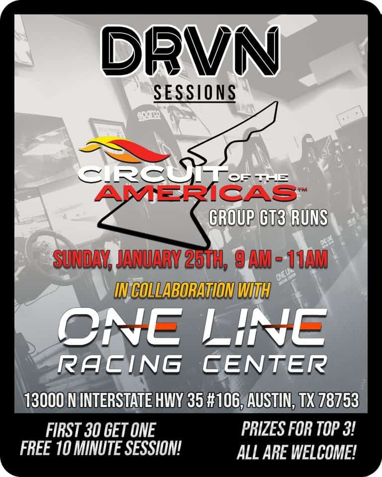 DRVN x One Line Racing Center - COTA GT3 Sim Racing! event at 55 Maclay Street in San Fernando, CA on January 25, 2026