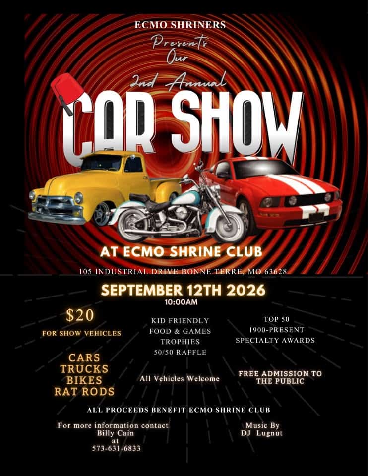 ECMO Shriners Car Show event at 105 Industrial Dr in Bonne Terre, MO on September 12, 2026