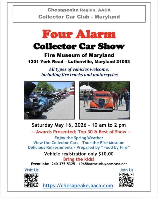 Four Alarm Collector Car Show event at The Fire Museum of Maryland in Lutherville, MD on May 16, 2026
