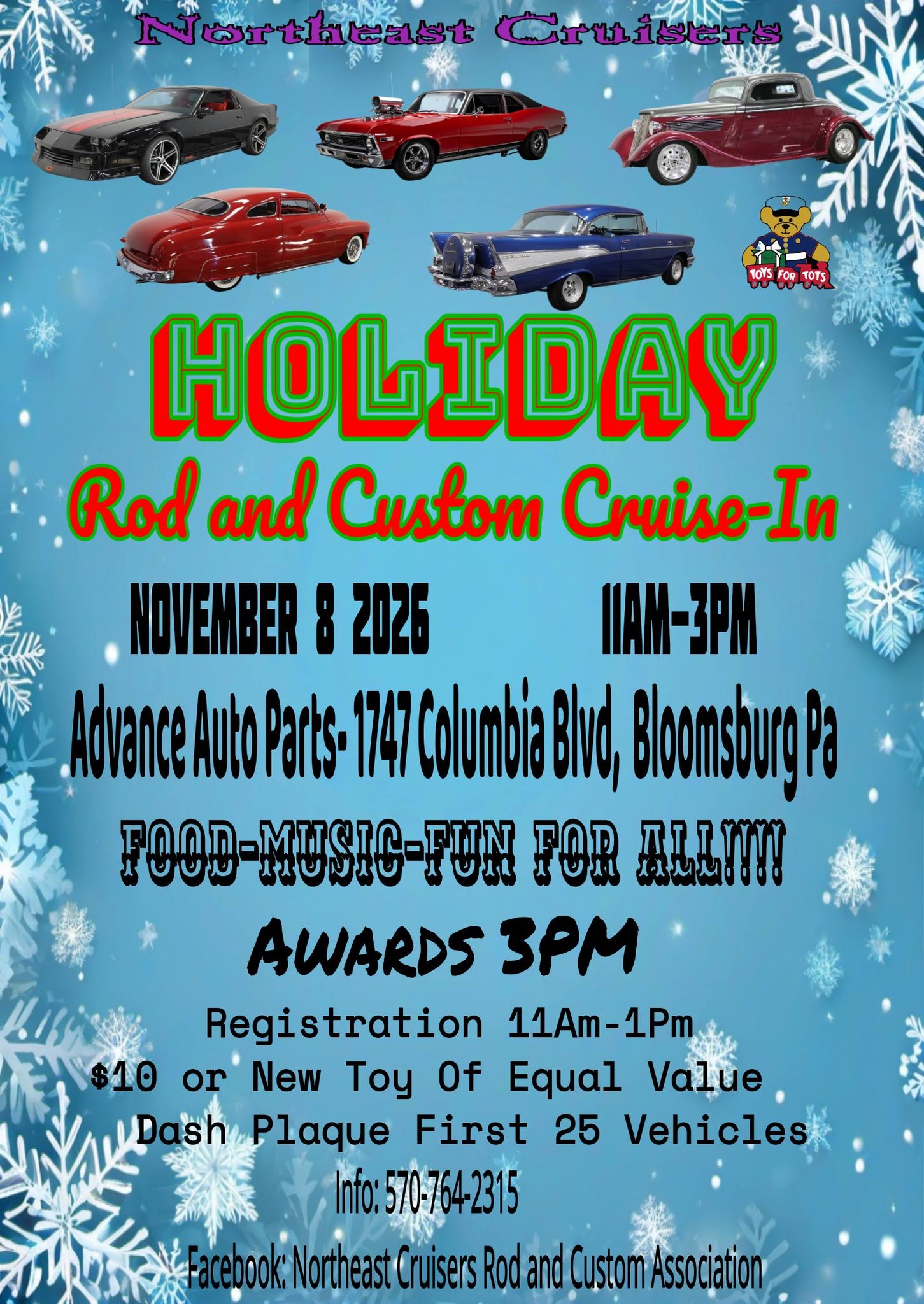 Holiday Rod and Custom Cruise-In event at Advance Auto Parts in Bloomsburg, PA on November 8, 2026