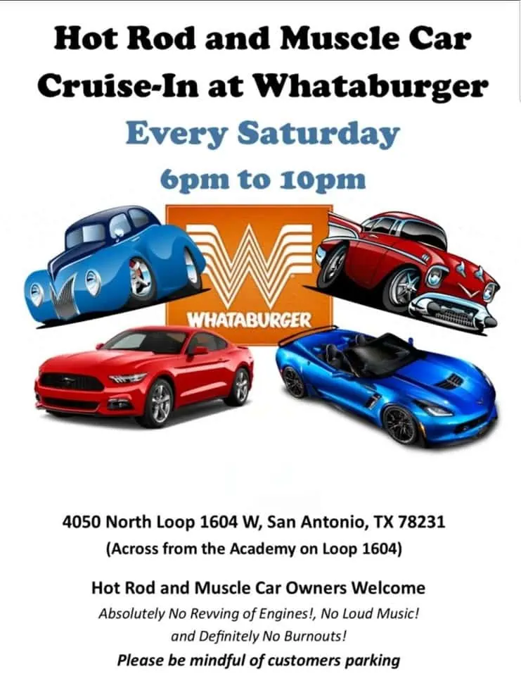 Hot Rods and Muscle Car Cruise In at Whataburger event at 4050 N Loop 1604 W in Shavano Park, TX on January 10, 2026
