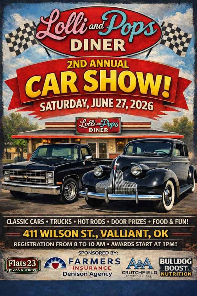 Lolli and Pop's 2nd Annual Car Show event at Lolli + Pops Diner in Valliant, OK on June 27, 2026