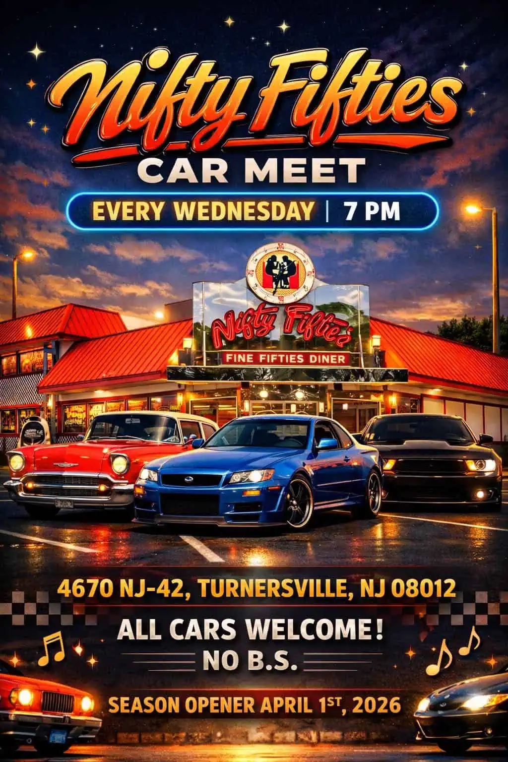 Nifty Fifties Car Meet event at Fine Fifties Diner in Turnersville, NJ on April 1, 2026
