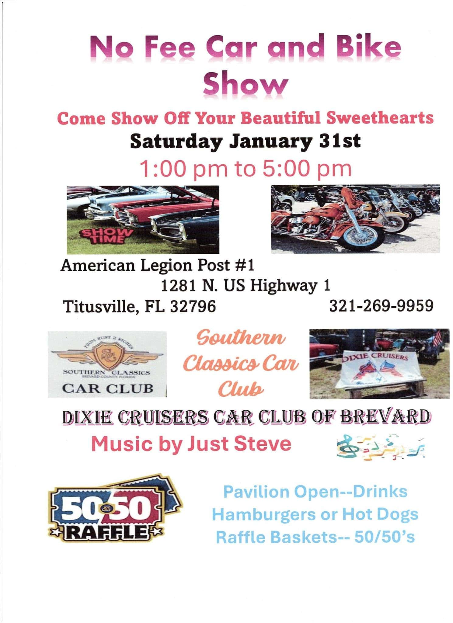 No Fee Car and Bike Show event at American Legion Post #1 in Titusville, FL on January 31, 2026