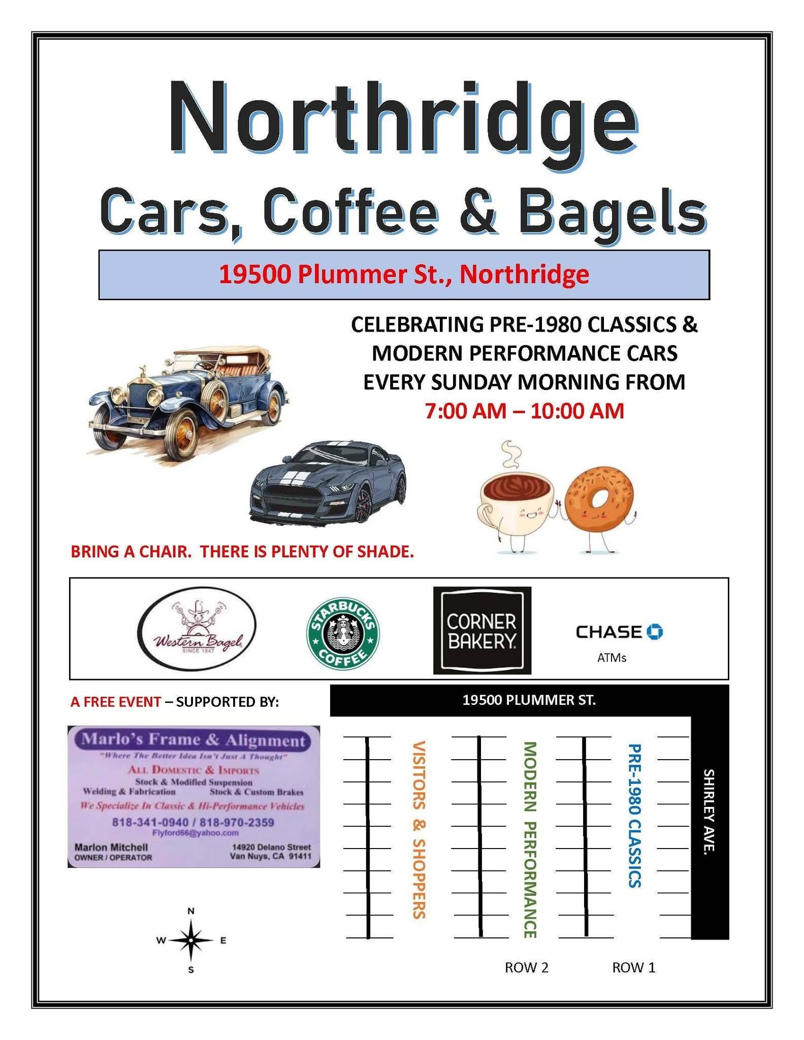 Northridge Cars, Coffee & Bagels event at 19500 Plummer St. in Northridge, CA on January 18, 2026