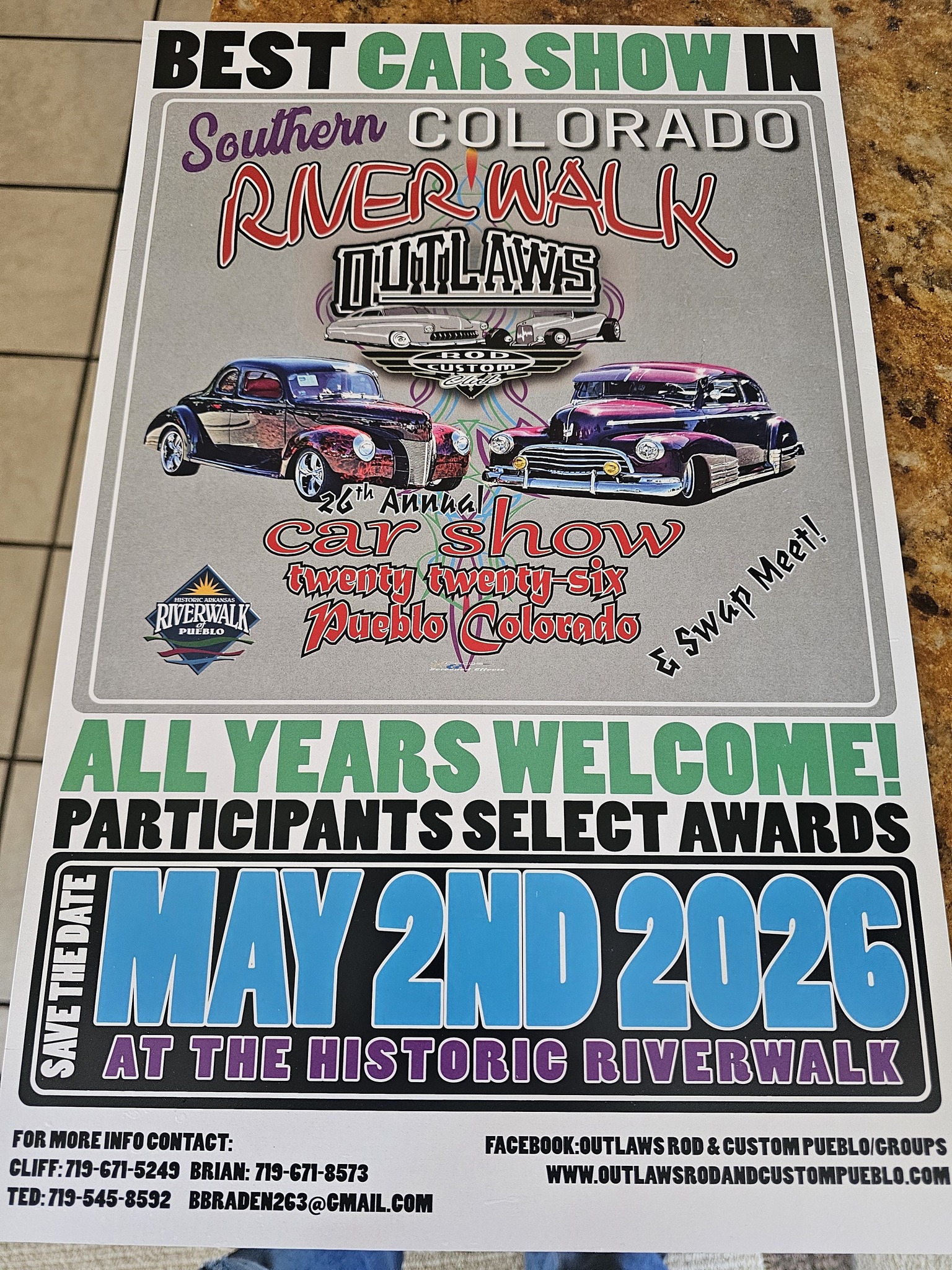 Outlaws Riverwalk Car Show and Swap Meet event at Historic Riverwalk in Pueblo, CO on May 2, 2026