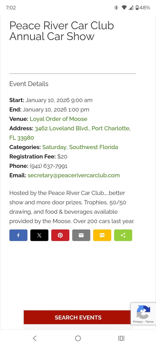 Peace River Car Club Annual Car Show event at Loyal Order of Moose in Port Charlotte, FL on January 10, 2026