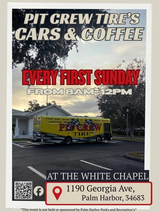 Pit Crew Tire's Cars & Coffee event at The White Chapel in Palm Harbor, FL on January 4, 2026