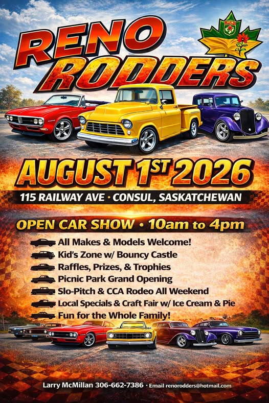 Reno Rodders event at 115 Railway Ave in Consul, SK on August 1, 2026