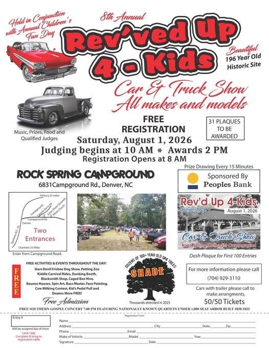 Rev'ved Up 4-Kids event at Rock Spring Campground in Denver, NC on August 1, 2026