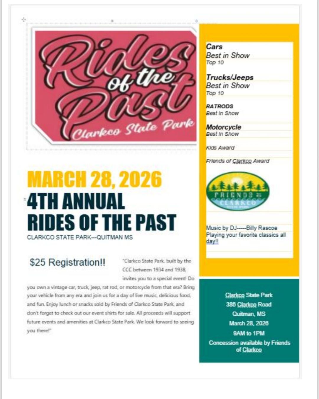 Rides of the Past event at Clarkco State Park in Quitman, MS on March 28, 2026