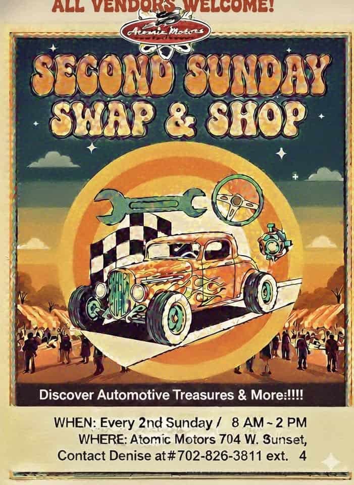 Second Sunday Swap and Shop event at Atomic Motors Classic Cars & Motorcycles in Socorro, NM on January 11, 2026