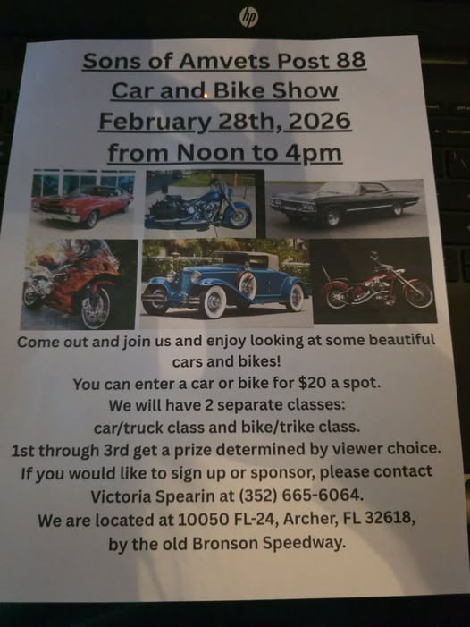 Sons of Amvets Post 88 Car and Bike Show event at 10050 FL-24 in Archer, FL on February 28, 2026