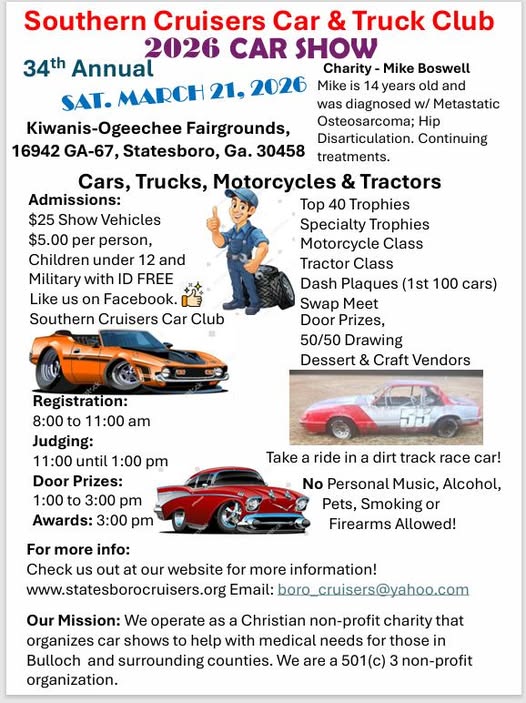 Southern Cruisers Car & Truck Club 2026 Car Show event at Kiwanis-ogeechee Fairgrounds in Statesboro, GA on March 21, 2026