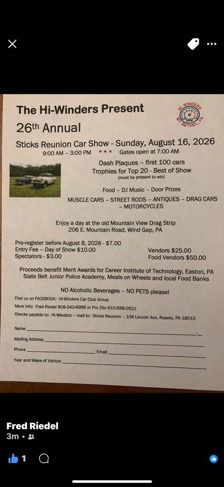 Sticks Reunion Car Show event at 206 E. Mountain Road in Wind Gap, PA on August 16, 2026