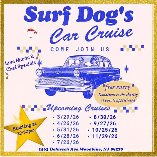 Surf Dog's Car Cruise event at 1563 Dehirsch Ave in Woodbine, NJ on March 29, 2026