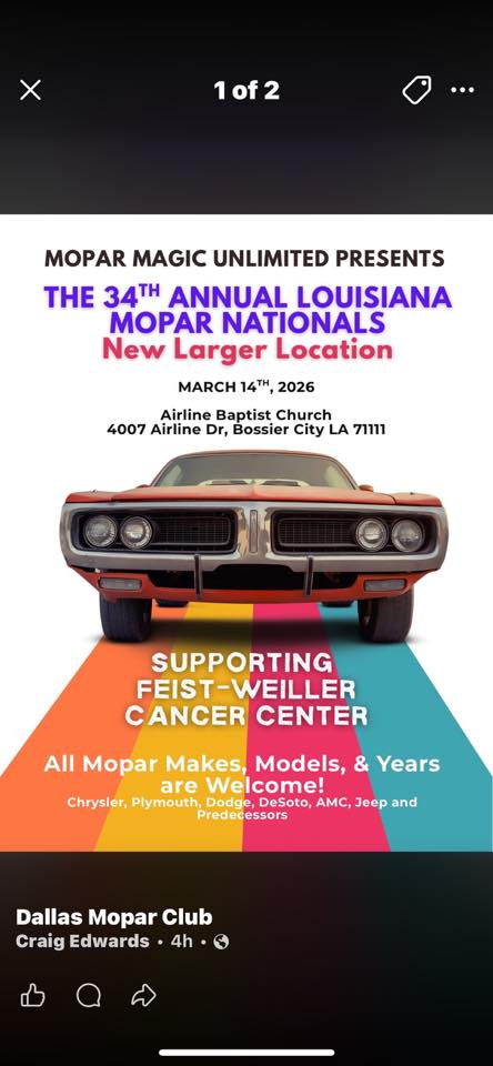 The 34th Annual Louisiana Mopar Nationals event at Airline Baptist Church in Bossier City, LA on March 14, 2026