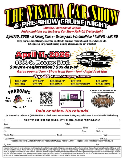 The Visalia Car Show & Pre-Show Cruise Night event at 6500 S. Mooney Blvd. in Visalia, CA on April 11, 2026