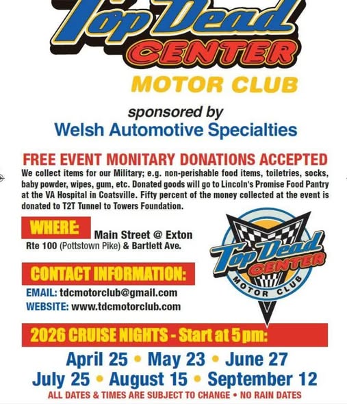 Top Dead Center Motor Club event at Main Street in Exton, PA on April 25, 2026