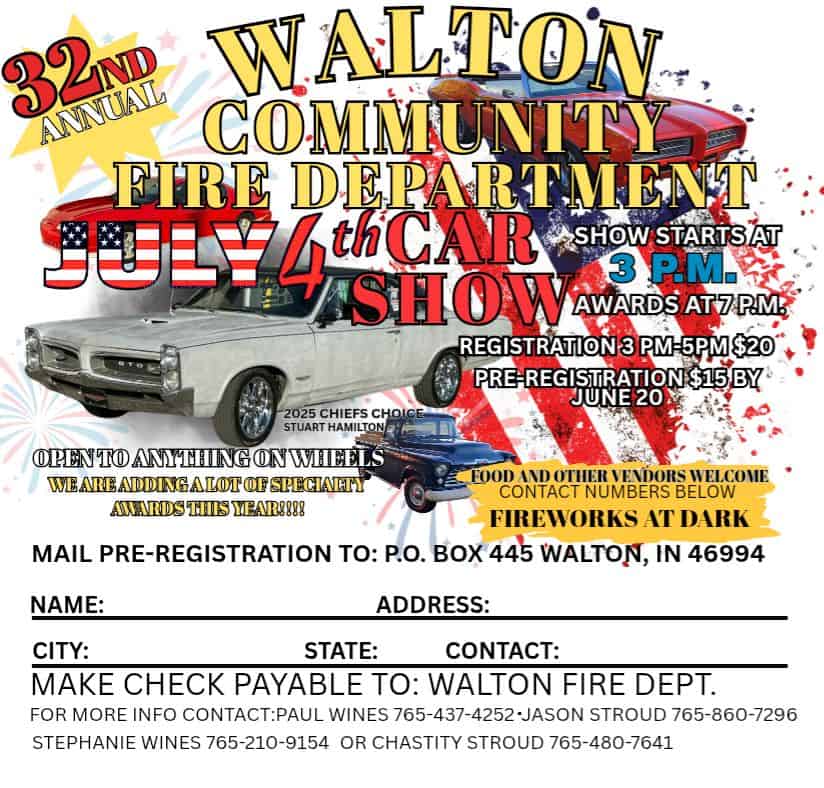 Walton 32nd Annual Car Show event at 210 S Depot St in Walton, IN on July 4, 2026