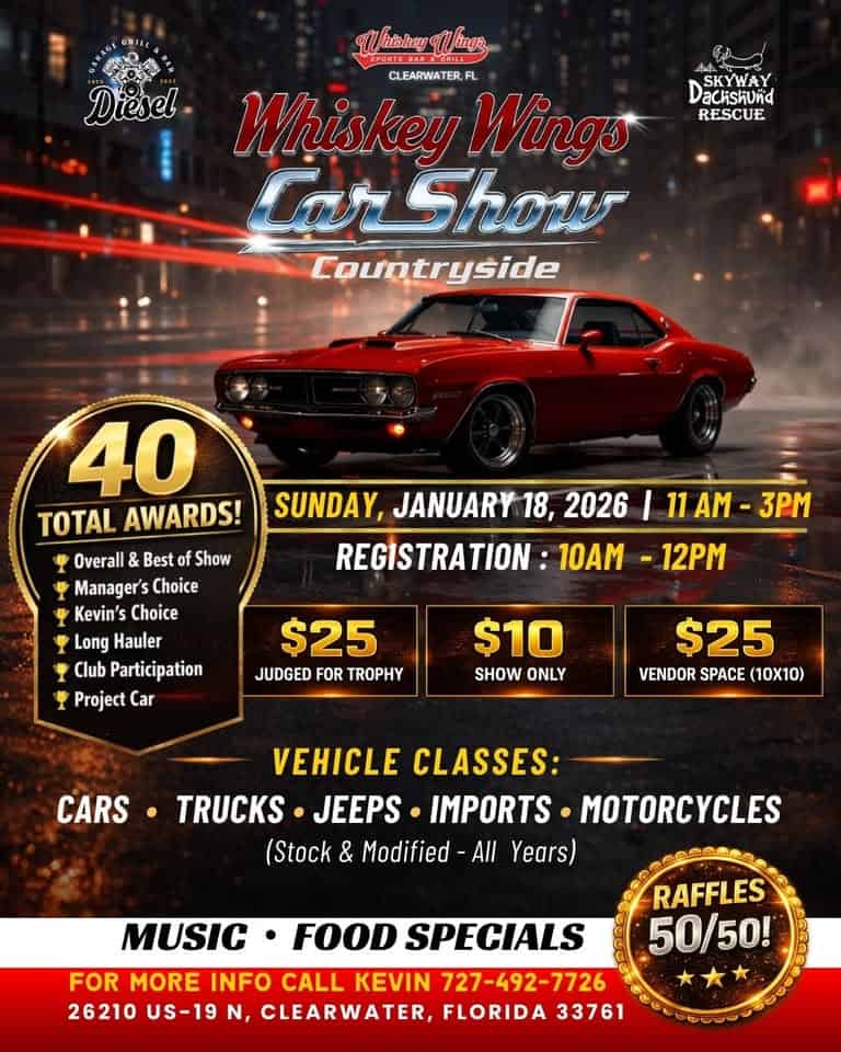 Whiskey Wings Car Show – Countryside event at Whiskey Wings Countryside in Clearwater, FL on January 18, 2026