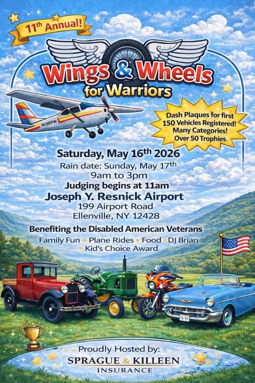 Wings & Wheels for Warriors event at Joseph Y. Resnick Airport in Ellenville, NY on May 16, 2026