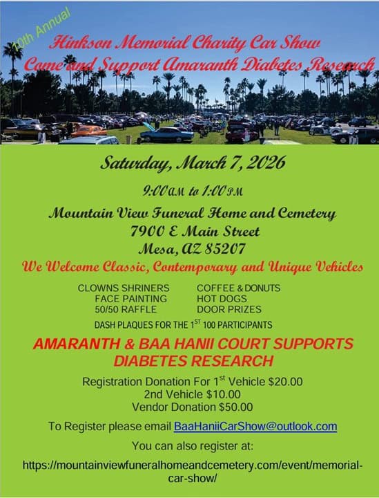 10th Annual Hinkson Charity Car Show for Amaranth Diabetes Research event at 7900 E Main St in Mesa, AZ on March 7, 2026