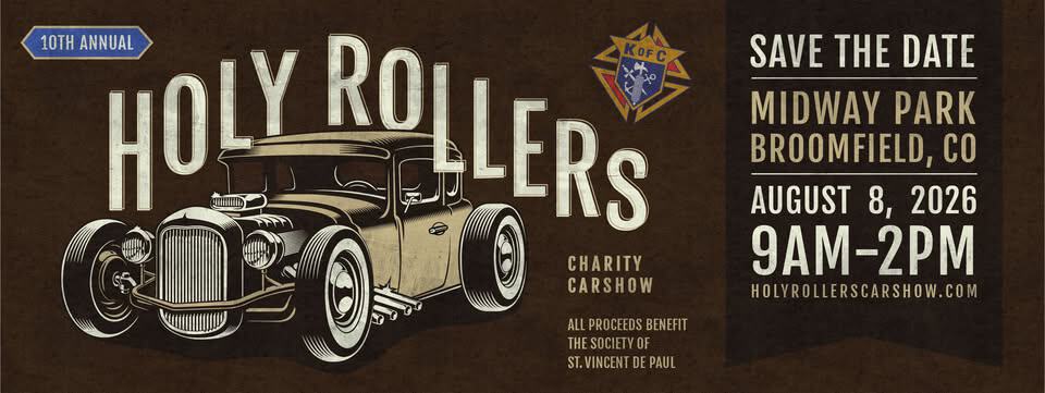10th Annual Holy Rollers Charity Car Show event at 1198 W Midway Blvd in Broomfield, CO on August 8, 2026