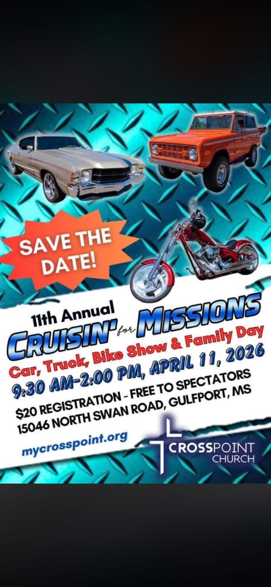 11th Annual Cruisin' for Missions event at CrossPoint Church in Gulfport, MS on April 11, 2026
