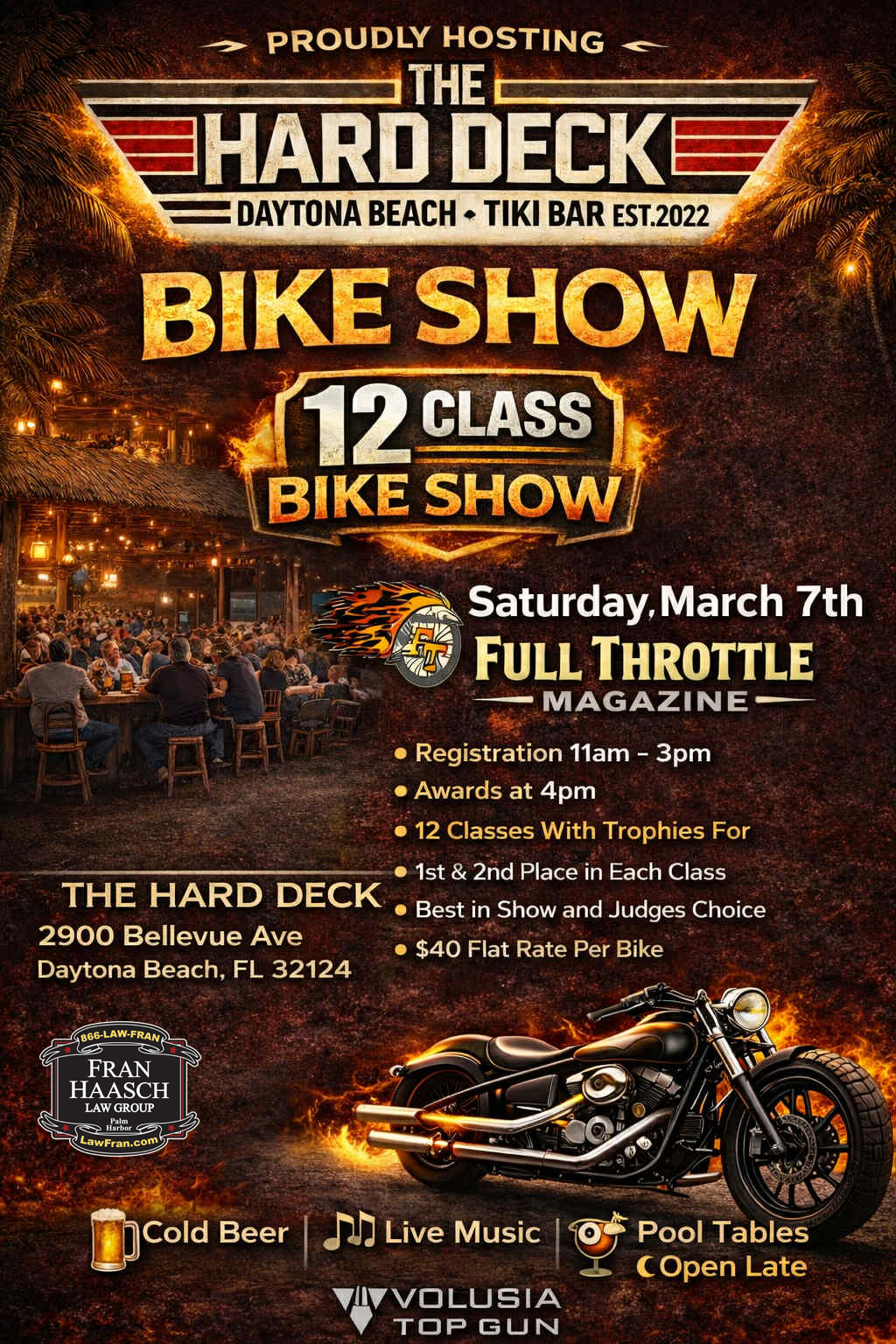 12 Class Bike Show event at The Hard Deck in Daytona Beach, FL on March 7, 2026